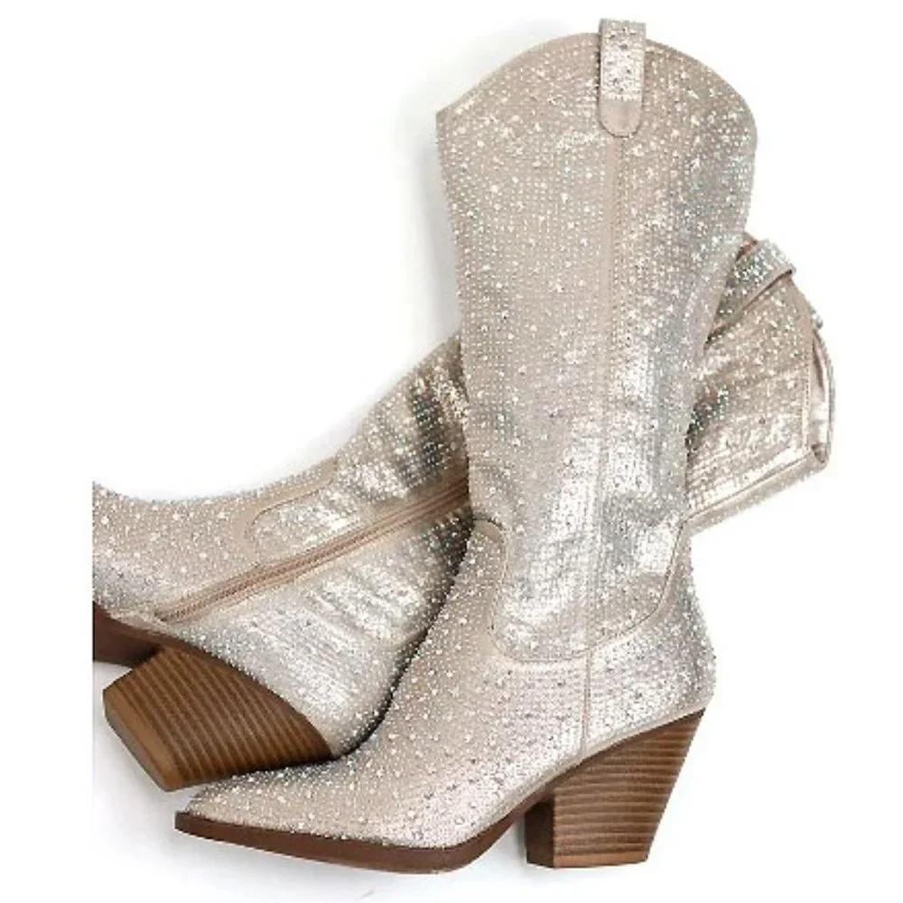 New Campagne Gold Blingy Rhinestone Knee High Cowboy Boots - Picture 4 of 6